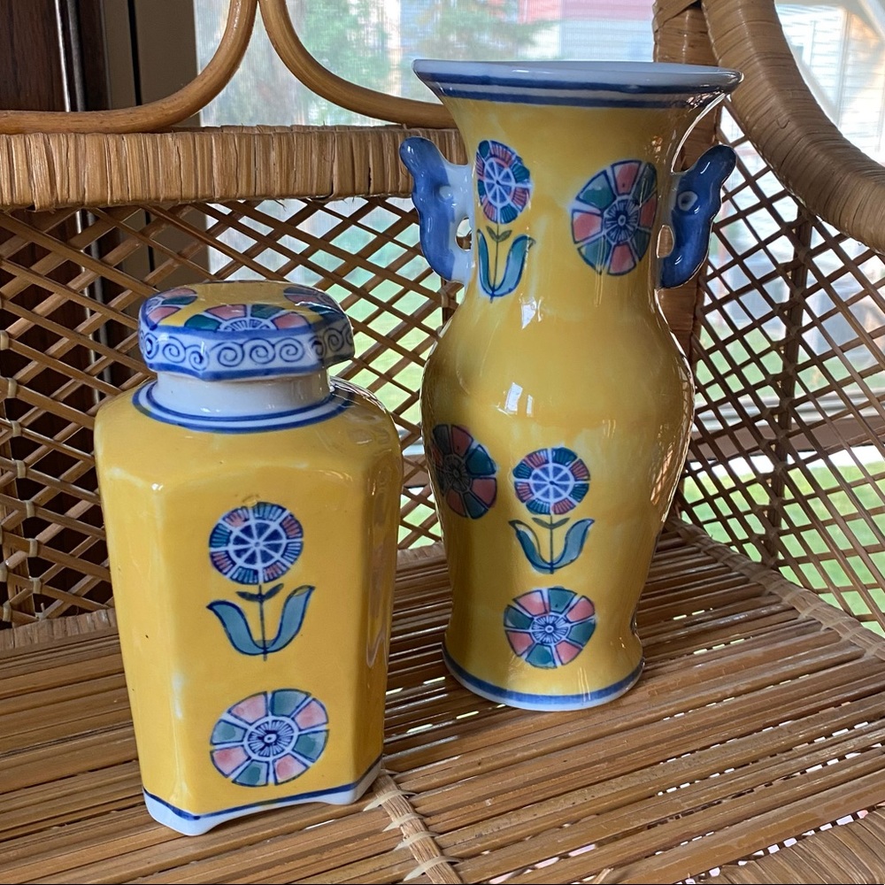 Hand painted yellow ginger jar style ceramic pieces